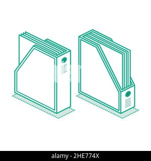 Isometric Vertical Paper Trays Isolated on White Background. Vector Illustration. Outline Icon. Office Document Tray. Front and Back View. Stock Vector