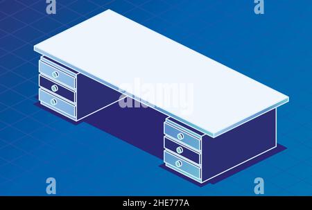 Office Table with Drawers. Empty Desk. Isometric Concept. Vector Illustration. Single Object on Blue Background. Modern Table. Outline Style. Stock Vector