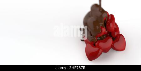 3d render chocolate syrup leaking melting over red heart shape symbol on white background Stock Photo