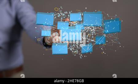Augmented Analytics Data cloud storage network from lines, triangles and particle style design. Illustration Stock Photo