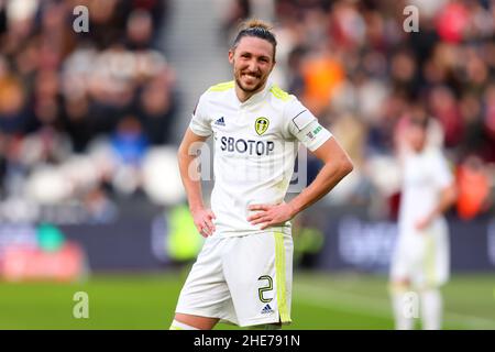 London, UK. 9th January 2022: London Stadium, London, England; FA Cup 3rd round football West Ham versus Leeds; Luke Ayling of Leeds United smiles to the Leeds United fans Credit: Action Plus Sports Images/Alamy Live News Stock Photo