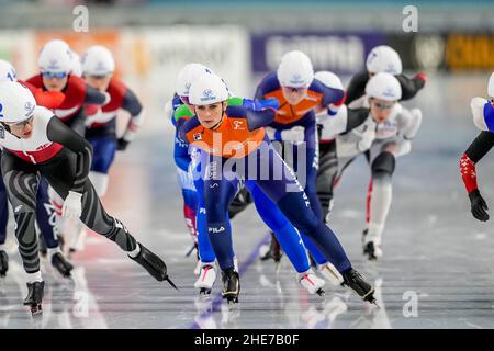 HEERENVEEN, NETHERLANDS - JANUARY 9: Irene Schouten of the Netherlands competing on the Mass Start Women during the 2022 ISU European Speed Skating Championships on January 9, 2022 in Heerenveen, Netherlands (Photo by Douwe Bijlsma/Orange Pictures) Stock Photo