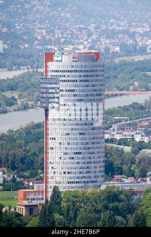 Vienna, Austria, July 25, 2021. The Florido Tower is a skyscraper in the city of Vienna, Austria, in the district of Floridsdorf. Aerial view. Stock Photo