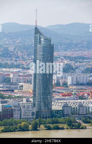 Vienna, Austria, July 25, 2021. The Millennium Tower a skyscraper with a height of 202 meters. Part of the tower is occupied by a shopping center, res Stock Photo