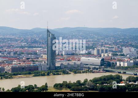 Vienna, Austria, July 25, 2021. The Millennium Tower a skyscraper with a height of 202 meters. Part of the tower is occupied by a shopping center, res Stock Photo