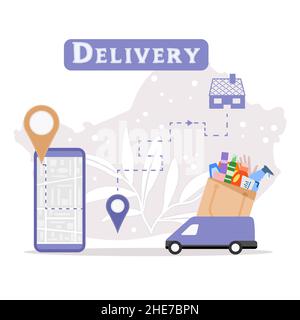 Vector illustration Home and office Express delivery service Online household supplies store. Car delivering package with household cleaning items, pr Stock Vector