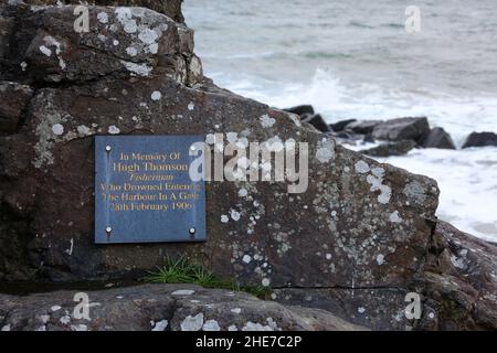 Dunure, Ayrshire, Scotland, UK. Memorial plaque to Hugh Thomson, 74, was found on the sea shore about 300 yards north of Dunure Harbour. 28 Feb 1906 Stock Photo