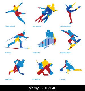 Winter sports icon set - pair and single skating, bobsleigh, ski, ice hockey, snowboard, curling, biathlon Stock Vector