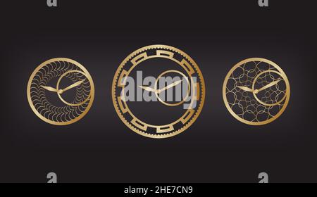 set of vector icons, gold abstract clock on black background Stock Vector