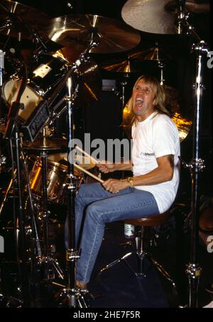 English drummer Nicko McBrain in action in 1993. Stock Photo