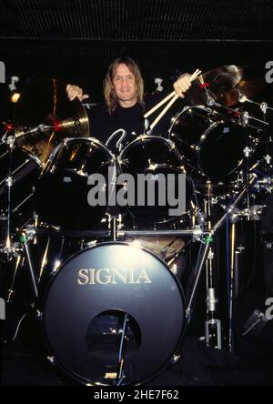 English drummer Nicko McBrain posing for the camera in 1989. Stock Photo