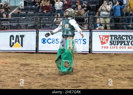 NEW YORK, NY - JANUARY 07: Cooper Davis rides American Gangster during the Professional Bull Riders 2022 Unleash The Beast event at Madison Square Gar Stock Photo