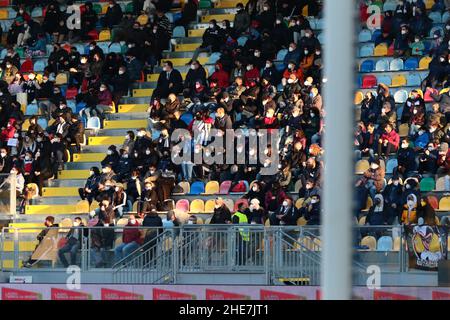 Frosinone, Frosinone, Italy. 8th Jan, 2022. Fans with covid masks during the Italian SuperCup Women Final 2021/22 football match between Juventus FC and AC Milan at the Benito Stirpe Stadium in Frosinone, Italy on 8th January 2022 (Credit Image: © Raffaele Conti/Pacific Press via ZUMA Press Wire) Stock Photo