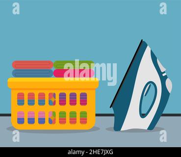 basket with ironed linen and iron vector illustration in flat style EPS 10 Stock Vector