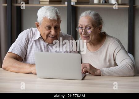 Loving smiling elderly couple using laptop at home. Stock Photo