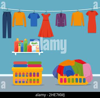 Laundry room interior with and cleaning products. Stock Vector