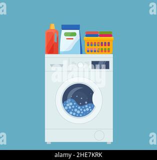 Washing machine, laundry basket and cleaning products. vector illustration in flat style. Eps 10 Stock Vector