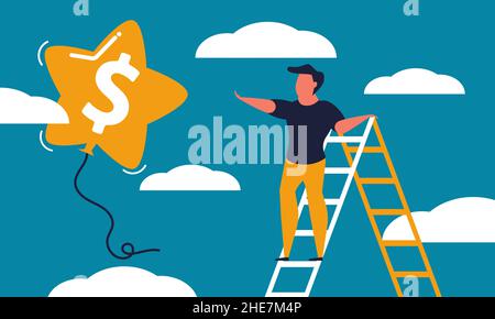 Man on the stairs catches a balloon with a dollar. Ladder business and ambition start up people vector cartoon illustration concept. Freedom strategy Stock Vector