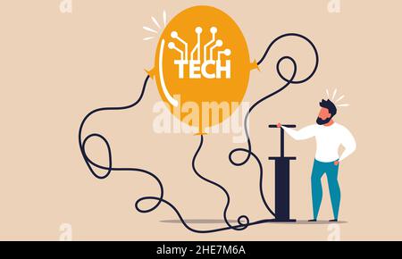 Tech bubble balance and financial risk technology company. Inflating capital and investment money to stock market vector illustration concept. Insecur Stock Vector