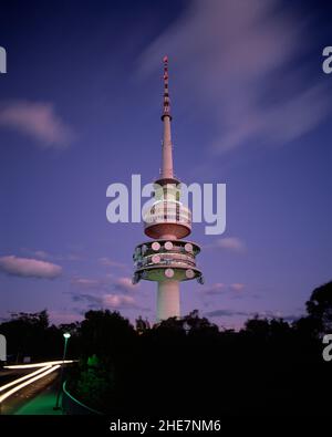Australia. ACT. Canberra. Black Mountain Tower at dusk. Stock Photo
