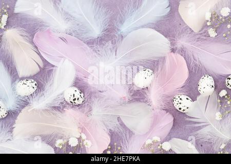 Easter composition with feathers, eggs and white gypsophila flowers on a violet crumpled paper background. Flate lay Stock Photo