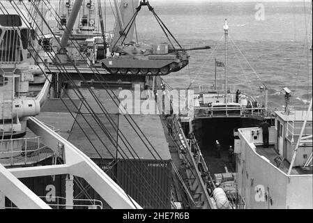 Loading Chieftain Tanks for Kuwait onboard cargo ship M/V Ibn Rushd ...