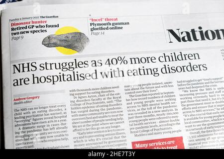 'NHS struggles as 40% more children are hospitalised with eating disorders' Guardian newspaper headline healthcare clipping news 1 January 2022 Stock Photo