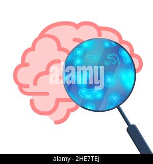 A lot of bacterias and viruses in human brain under magnifying glass on white Stock Vector