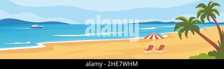 Beach lanscape with sea and palms, summer background. The seashore, mountains on the horizon, a boat sailing on the sea. Umbrella and sun loungers, be Stock Vector