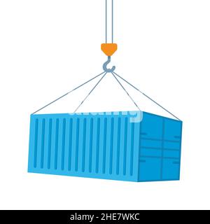 Crane lifts with blue cargo container. Industrial crane hook and Transportation Container isolated on white background. Freight Shipping concept. Vect Stock Vector
