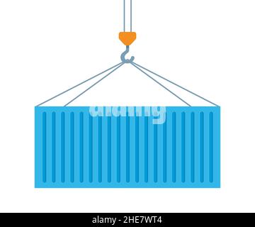 Crane lifts with blue cargo container. Industrial crane hook and Transportation Container isolated on white background. Freight Shipping concept. Vect Stock Vector