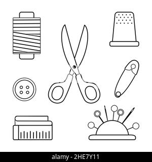 Set of sewing tools isolated on white background. Linear cartoon style Stock Vector