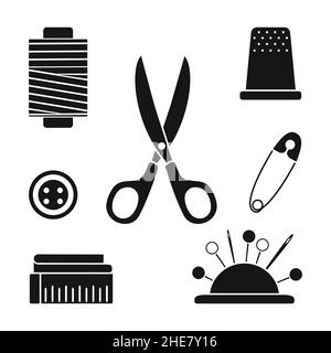 Sewing icons flat vector silhouettes set. Tools and accessories for ...