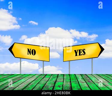 Two street signs NO and YES with beautiful blue sky with cloud closeup and green wooden flor Stock Photo