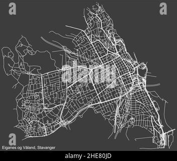Detailed negative navigation white lines urban street roads map  of the quarter EIGANES OG VÅLAND BOROUGH  of the Norwegian regional capital city of S Stock Vector