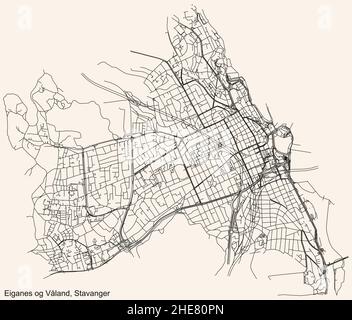 Detailed navigation black lines urban street roads map  of the quarter EIGANES OG VÅLAND BOROUGH of the Norwegian regional capital city of Stavanger, Stock Vector