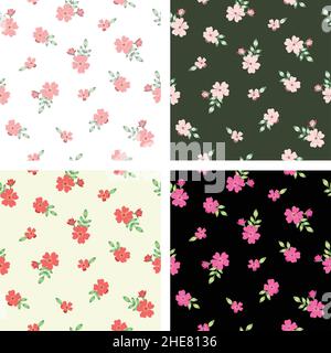Four patterns with small bouquets of dog rose flowers on different backgrounds Stock Vector