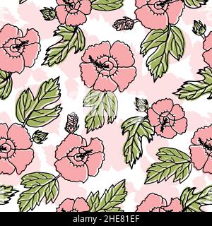 Seamless pattern with hibiscus flowers, leaves and buds. Summer-scented pattern Stock Vector