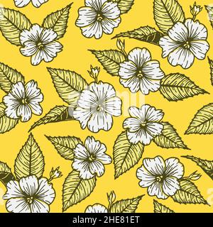 Seamless pattern with flowers, leaves and buds of impatiens on yellow background Stock Vector