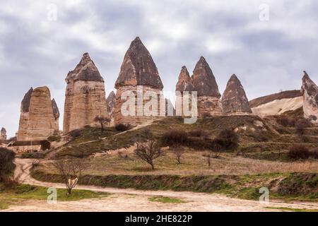 Gorgeous landscape of Turkish Cappadocia. Weathering stone pillars in valley near Goreme Stock Photo