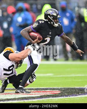 Baltimore, United States. 09th Jan, 2022. Baltimore Ravens quarterback Tyler Huntley (2) is tackled by Pittsburgh Steelers defensive end Cameron Heyward (97) during the first half at M&T Bank Stadium in Baltimore, Maryland, on Sunday, January 9, 2022. Photo by David Tulis/UPI Credit: UPI/Alamy Live News Stock Photo