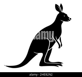 Black silhouette of a kangaroo on a white background. Wild animal of Australia. Logo and emblem. Vector isolated art illustration hand drawn Stock Vector