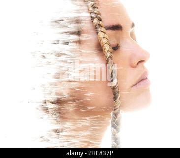 A profile portrait of a woman combined with a pixelsort effect. Double exposure. Stock Photo