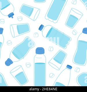Bottles pattern. Drink more water, glass and bottle with liquid. Reusable equipment, healthy lifestyle background. Drinks decent vector seamless Stock Vector
