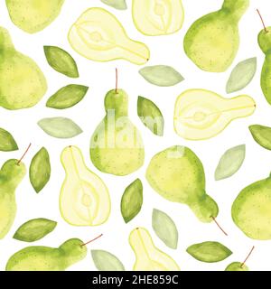 Seamless pattern with pears drawn in watercolor on transparent background. Stock Vector