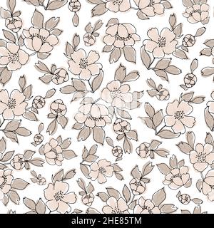 Pattern with flowers drawn and then digitally colored in vintage shades on a transparent background. Stock Vector