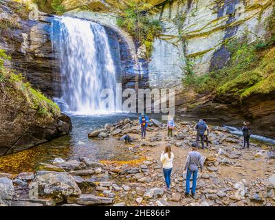 60 ft Looking Glass Falls in Pisgah National Forest along the Forest Heritage Scenic Byway in Brevard North Carolina USA Stock Photo