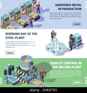 Metallic industry. Steel production horizontal advertising banners templates with pipe installation processes iron production garish vector flat Stock Vector