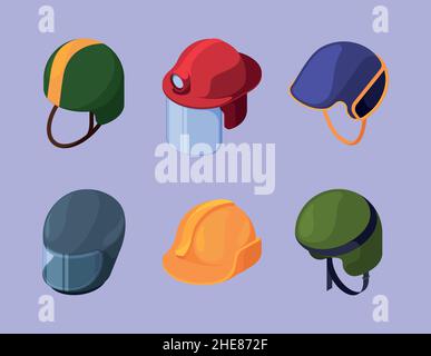 Helmet isometric. Workers and sport helmets collection diving bikes risk security protection caps hats for astronauts and vr gamers garish vector set Stock Vector