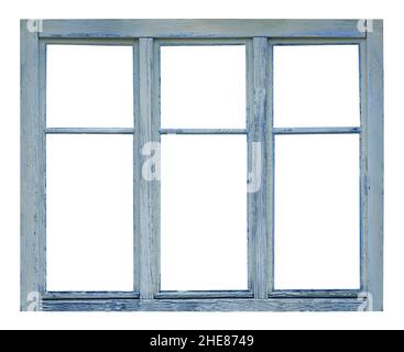 Old wooden grey window frame isolated on a white background Stock Photo